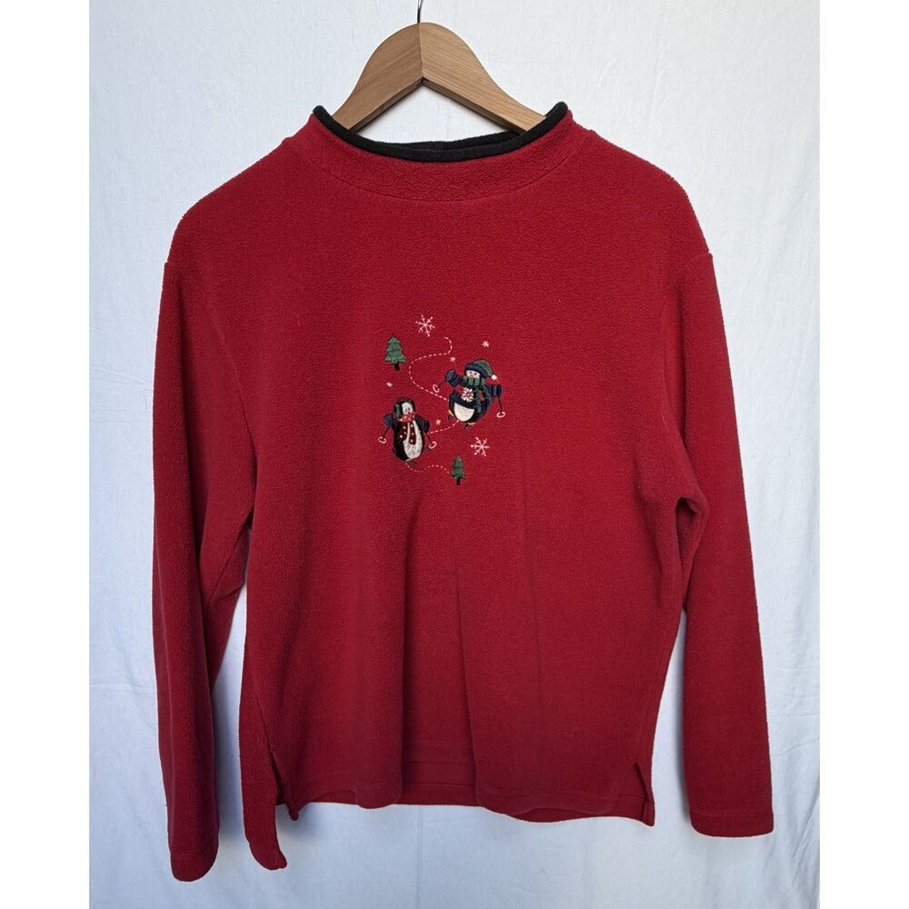 Vintage 90s Embroidered Skiing Penguins Fleece Pullover